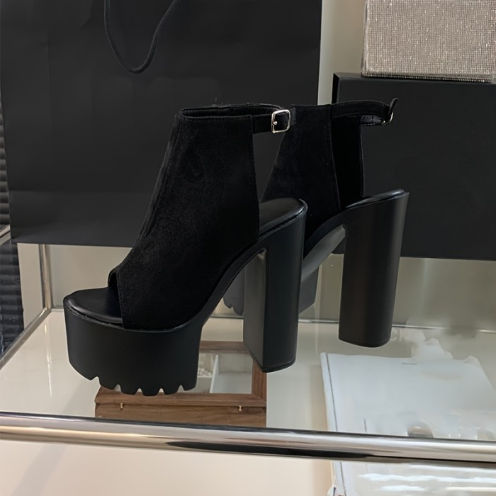 Chic Plus Size Women's Platform Sandals - Open Toe, Ankle Strap with Chunky Heel, Velvet Upper & Faux Cover Lining