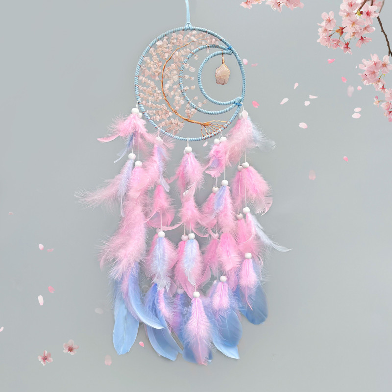 Dream Catcher, Moon Dream Catchers with Crystal Stones Pendant, Handmade Feather Dream Catcher Hanging Ornaments Crafts