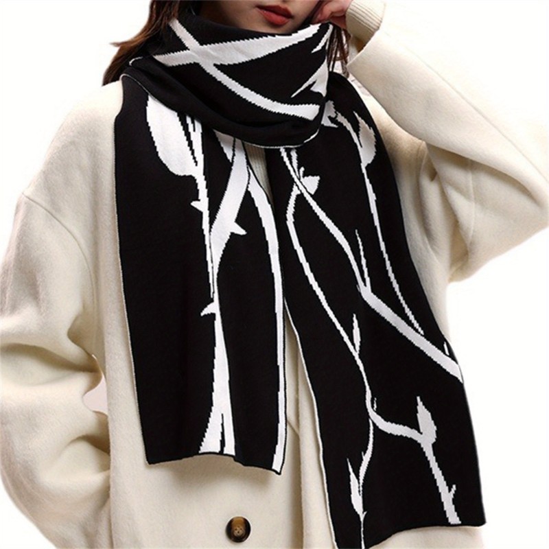 Cozy Rose Thorn Print Knit Scarf for Women - Warm, Elastic Shawl for Winter & Cold Weather