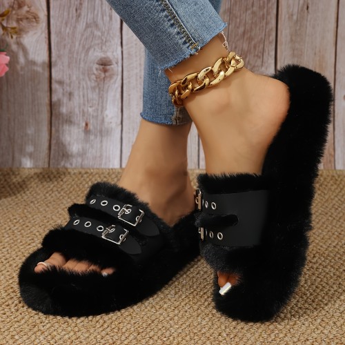 1 Pair Winter Casual Faux Slippers for Women, Comfortable Thick Sole with Soft Fabric Lining and Inner, Hand Washable - Black
