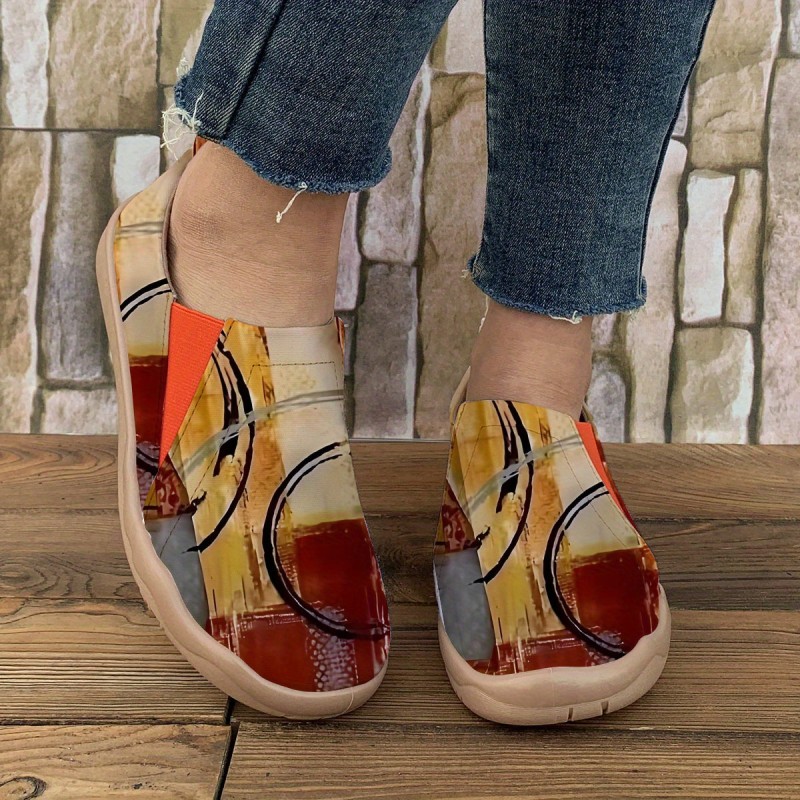 1 Pair Women'S Casual Slip-On Canvas Shoes with Circle Pattern, Comfortable Soft Sole, All-Season Fabric Upper & Inner, Faux Sole, Plain Toe - Hand Washable