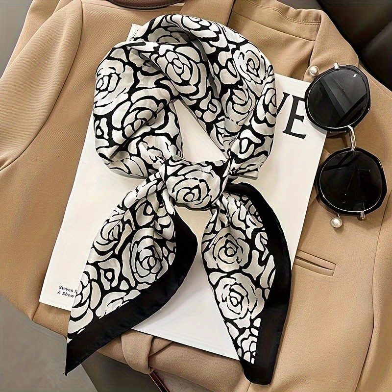 27.55 inch black and white rose print square scarf, vintage style thin silk neck scarf, spring outdoor sun protection bandana for women