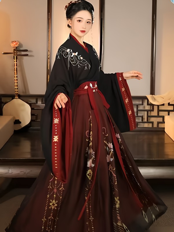 Elegant Hanfu Dress for Women - Traditional Chinese Han & Tang Dynasty Costume with Floral Print, Long Sleeves, and Belt - Perfect for All Seasons