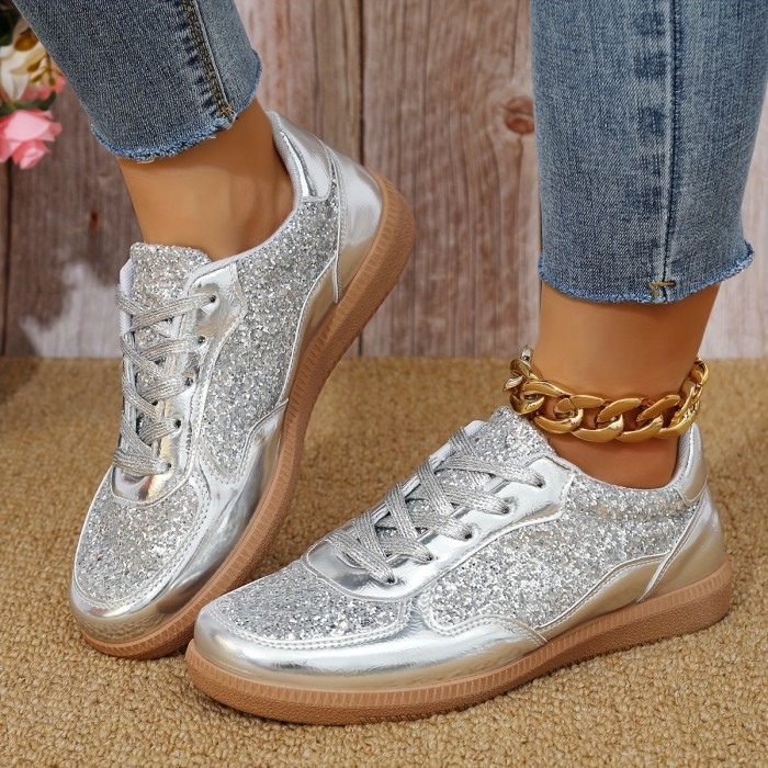 1 Pair Women'S Glitter Sneakers - All-Season Lace-Up Casual Shoes with Plain Toe, Low Top Design, Man-Made Upper & Faux Sole, Fabric Inner, Man-Made Insole - Fashionable 2024 Fall Footwear