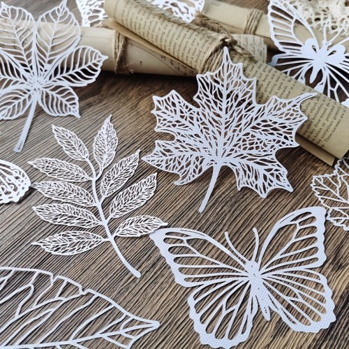 10 Sheets\u002FPack Vintage Butterfly Hollow Textured Paper - Decorative White Lace Paper for Scrapbooking, Photo Frame Album, Hand Account Decoration - Unique Leave Design, White Color, High-Quality Material