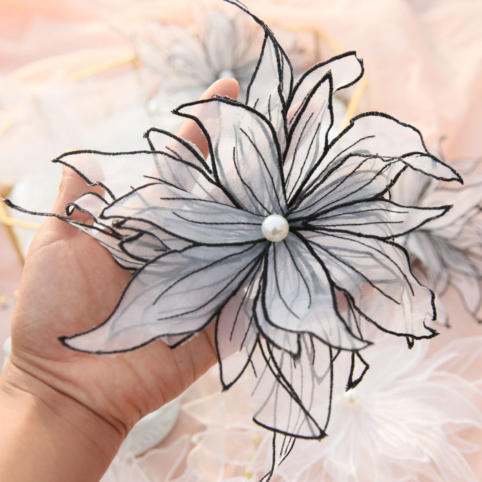 1pc 3D Embroidered Flowers Appliques Fabric Wedding Gown Lace Trims Collar Mesh Sew Patch For Dress DIY Decoration 9.84inch