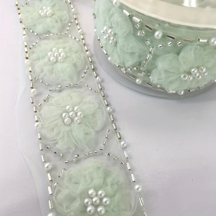 1 Yard Elegant Beaded Lace Trim - 3D Floral Applique for Wedding Dresses & Crafts, Sewing and Knitting Supplies