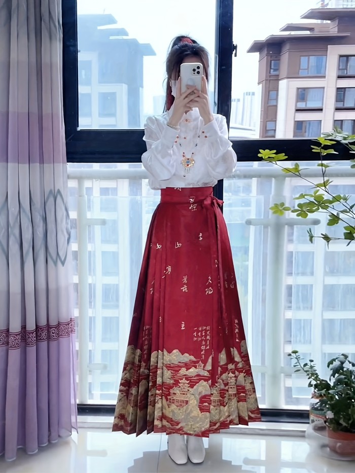 Red Landscape with Golden Printing, 5-fold Printed Horse Face Skirt, Ming Dynasty Hanfu, National Style, One-piece Pleated Long Skirt, Vintage Half Skirt, Ethnic Style Stage Costume