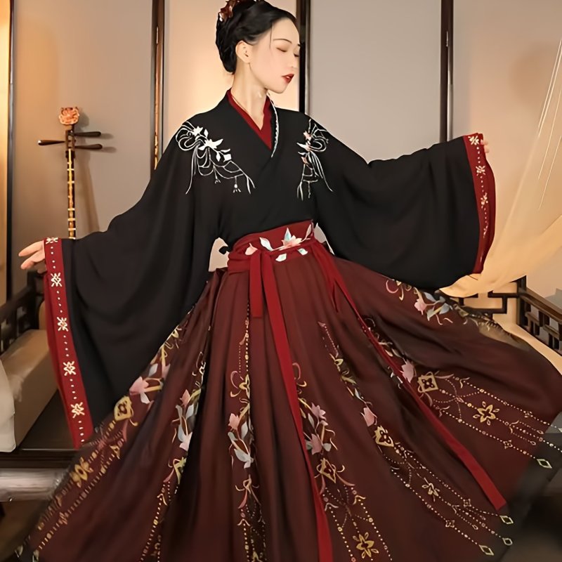 Elegant Hanfu Dress for Women - Traditional Chinese Han & Tang Dynasty Costume with Floral Print, Long Sleeves, and Belt - Perfect for All Seasons