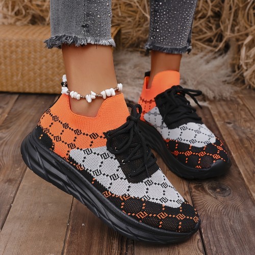 Women's Fashion Casual Sneakers - Lightweight, Breathable Knit with Diamond Pattern, Lace-Up Low Tops for All Seasons
