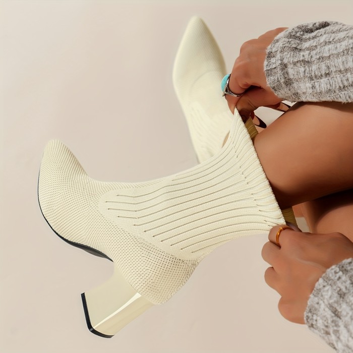 Womens High Heel Chunky Block Chelsea Boots - Comfy Slip-On Breathable Fabric Boots with Elasticized Pointed Toe and Rubber Sole for Comfort - All-Season Wear