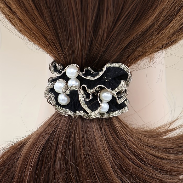 5 Golden Ruffled Hair Hoops Bohemian Hair Ropes Fake Pearl Decoration Hair Hoops Ponytail Hair Ropes Women'S Hair Accessories