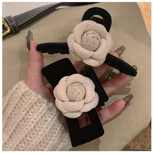 2pcs Velvet Camellia Bow Hair Clips 2pcs Velvet Camellia Bow Hair Clips, Elegant French Style Hair Accessories, Chic Shark Clips for All Hair Types, Lightweight Styling Tools