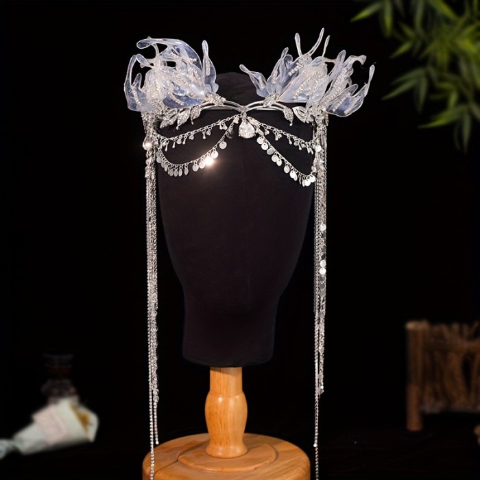 Boho Fairytale Crystal Mermaid Tiara with Draping Chains - Handcrafted Fantasy Headpiece for Bridal, Cosplay, Hanfu Accessory Without Feathers