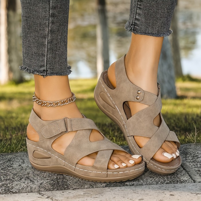 Elegant Women's Summer Sandals - Thick Sole, Open Toe with Hook-and-loop Fastener Closure, Soft Faux Cover Wedge Heels