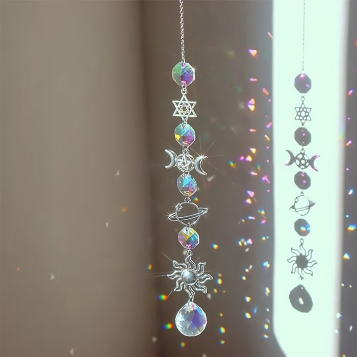 Moon & Sun Wind Chime with Precious Stone Prism Charm - Rainbow Dream Catcher for Home and Garden Decor, Wind Chime, Moon Sun Catcher, Precious Stone Prism, Rainbow, Garden Decoration