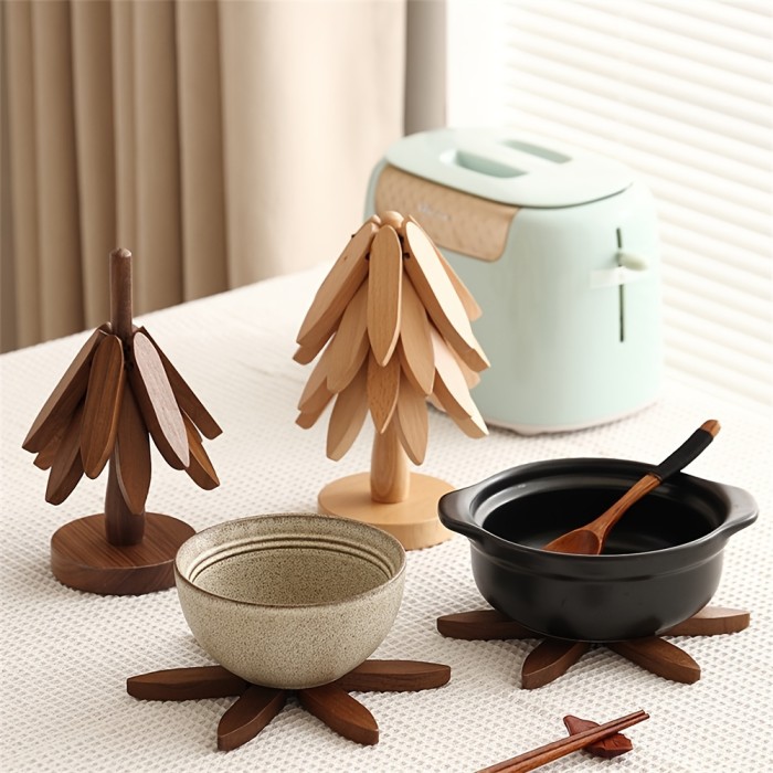 1pc Wooden Tree Design Trivet - Decorative Anti-Scald Heat Resistant Coaster, Stackable Placemat for Christmas, Halloween, Thanksgiving - Durable Wood Table Mat Pot Holder