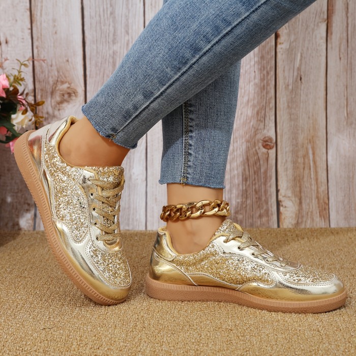 1 Pair Women'S Glitter Sneakers - All-Season Lace-Up Casual Shoes with Plain Toe, Low Top Design, Man-Made Upper & Faux Sole, Fabric Inner, Man-Made Insole - Fashionable 2024 Fall Footwear