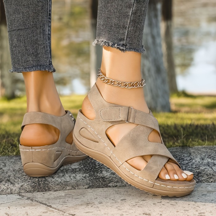 Elegant Women's Summer Sandals - Thick Sole, Open Toe with Hook-and-loop Fastener Closure, Soft Faux Cover Wedge Heels