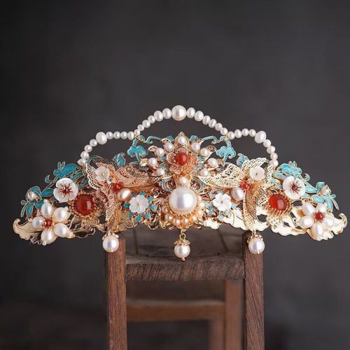 Exquisite Handcrafted Hair Crown - Headwear with Faux Pearls, Floral Motifs, and Burnt Blue Finish - Traditional Chinese Ming Tang Dynasty Style Retro Bridal Headdress with Hair Comb