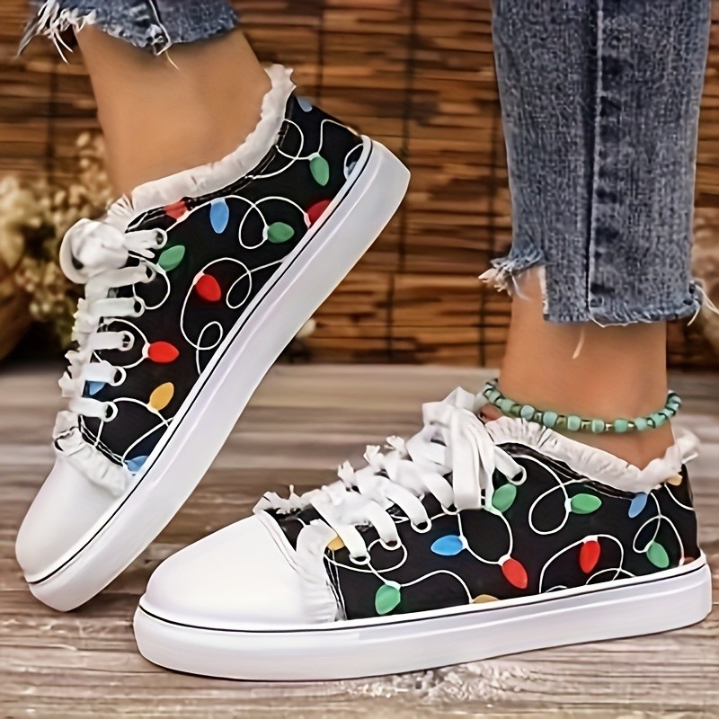 Women's Colorful Print Lace-Up Sneakers - Lightweight, Comfortable Casual Sneakers with Non-Slip TPR Sole