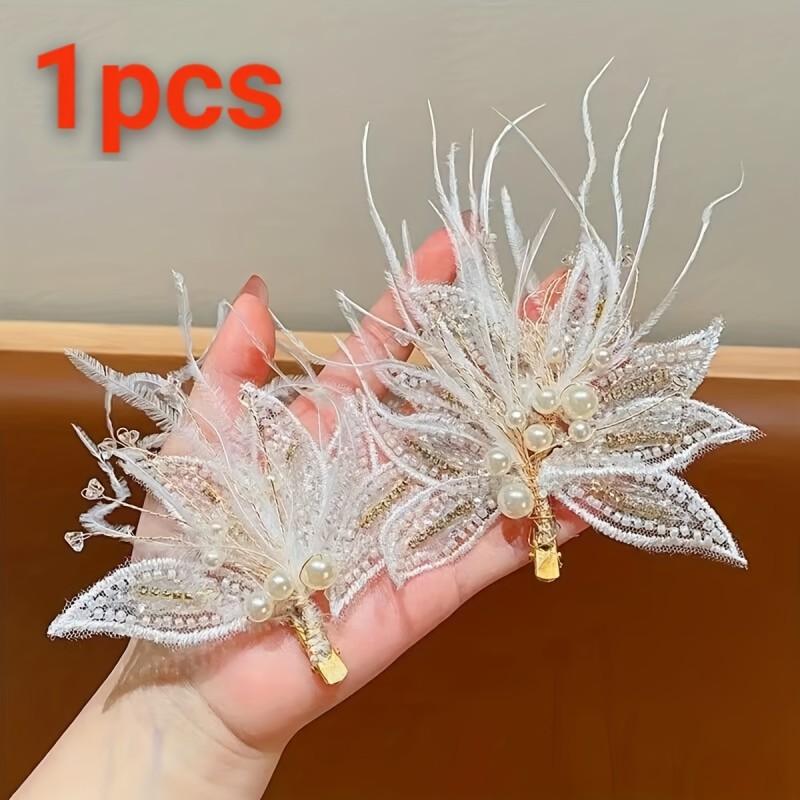 1pc Elegant White Lace Feather Pearl Hair Clip, Handcrafted Vintage Floral Hair Accessory, Crystal Sequin Duckbill Clip for Bridal Wedding Hair Decoration, Single Piece