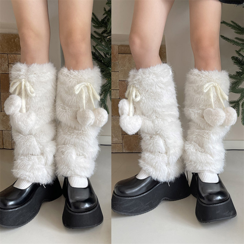Cozy Fuzzy Leg Warmers for Women - Tie-Up Bow Design with Heart Pompoms, Soft Plush Knit Socks, Perfect for Parties & Clubbing