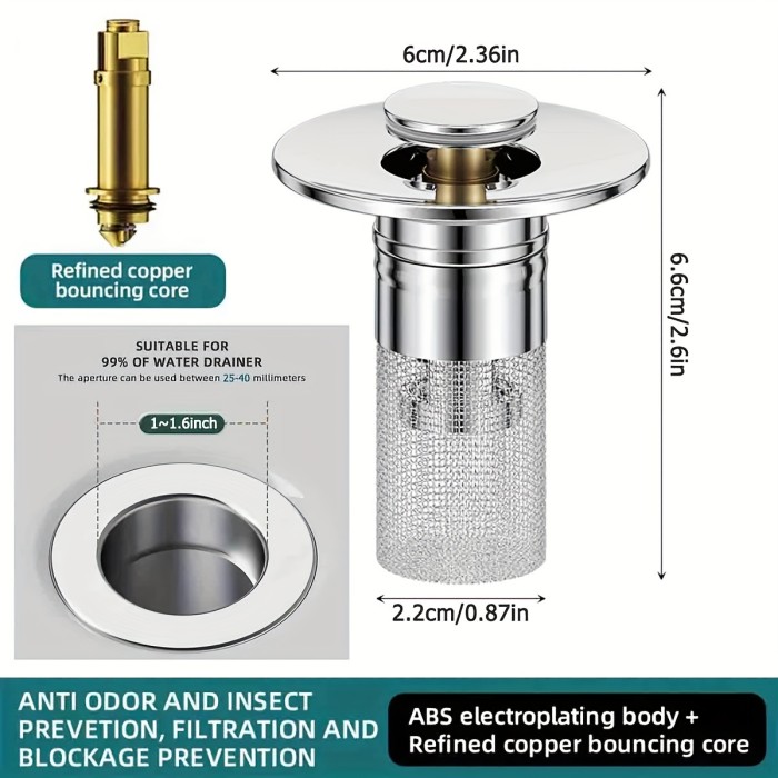 Stainless Steel Pop-Up Bathroom Sink Stopper with Anti-Odor Drain Strainer - Fits 1.1-1.6\