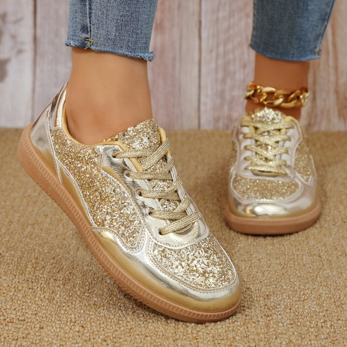 1 Pair Women'S Glitter Sneakers - All-Season Lace-Up Casual Shoes with Plain Toe, Low Top Design, Man-Made Upper & Faux Sole, Fabric Inner, Man-Made Insole - Fashionable 2024 Fall Footwear