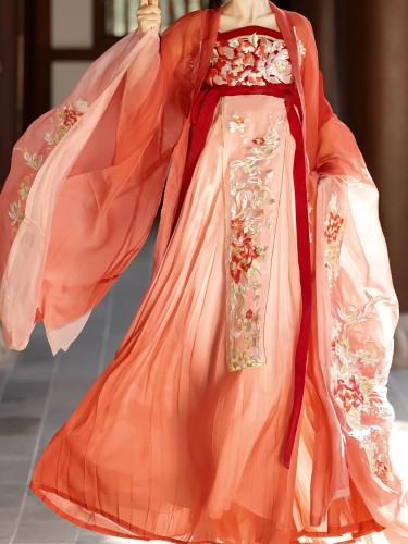 1pc Tang Dynasty Style Hanfu Dress for Women - Floral Embroidery, Long Sleeve, Polyester, Woven, Spring\u002FFall Appropriate, Long Length Gown with Lining