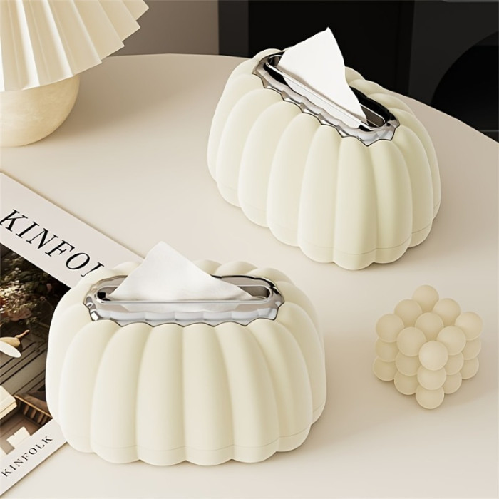 1pc Pumpkin-Shaped Tissue Box Holder, Plastic Square Paper Storage with Flocking Design, Elegant Home Office Decor, Luxurious Living Room Accessory, Decorative Desktop and Car Tissue Dispenser