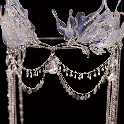 Boho Fairytale Crystal Mermaid Tiara with Draping Chains - Handcrafted Fantasy Headpiece for Bridal, Cosplay, Hanfu Accessory Without Feathers