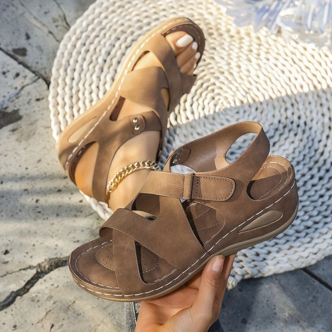 Elegant Women's Summer Sandals - Thick Sole, Open Toe with Hook-and-loop Fastener Closure, Soft Faux Cover Wedge Heels