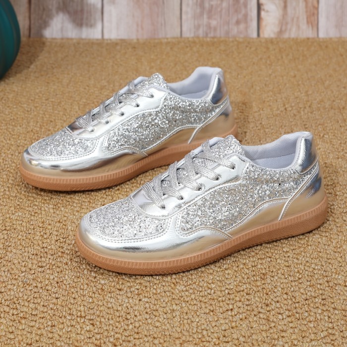 1 Pair Women'S Glitter Sneakers - All-Season Lace-Up Casual Shoes with Plain Toe, Low Top Design, Man-Made Upper & Faux Sole, Fabric Inner, Man-Made Insole - Fashionable 2024 Fall Footwear