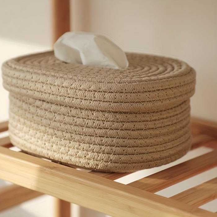 1pc Cotton Rope Woven Tissue Box, Tissue Box Cover, Simple Plain Storage Basket, Multifunctional Tissue Holder, Home Decor, Bathroom Accessories