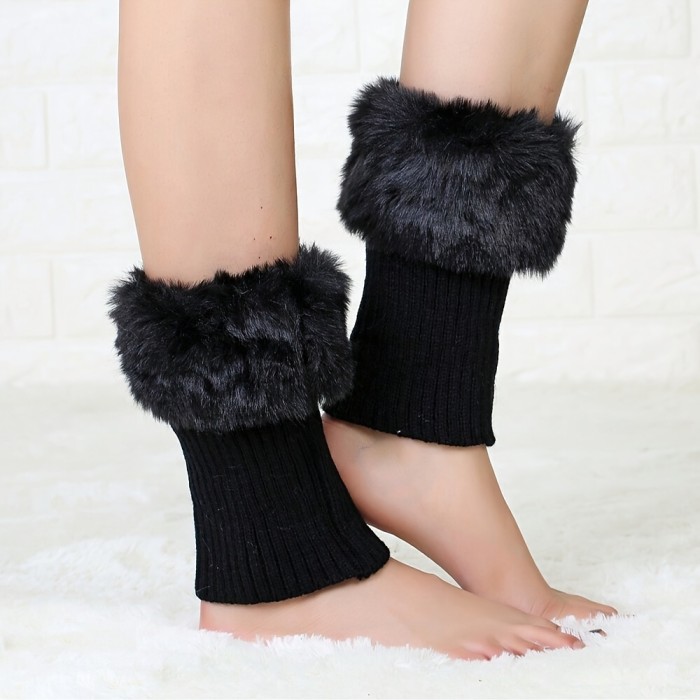 Cozy Knit Leg Warmers with Faux Fur Trim - Solid Color, Acrylic Blend, Hand-Washable - Women's Fashion Winter Boot Covers