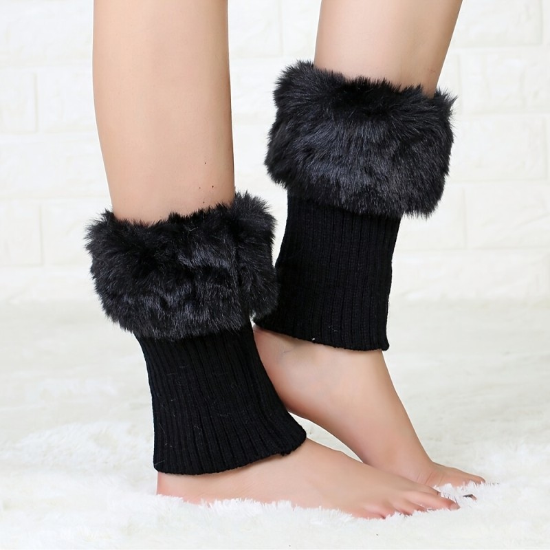Cozy Knit Leg Warmers with Faux Fur Trim - Solid Color, Acrylic Blend, Hand-Washable - Women's Fashion Winter Boot Covers