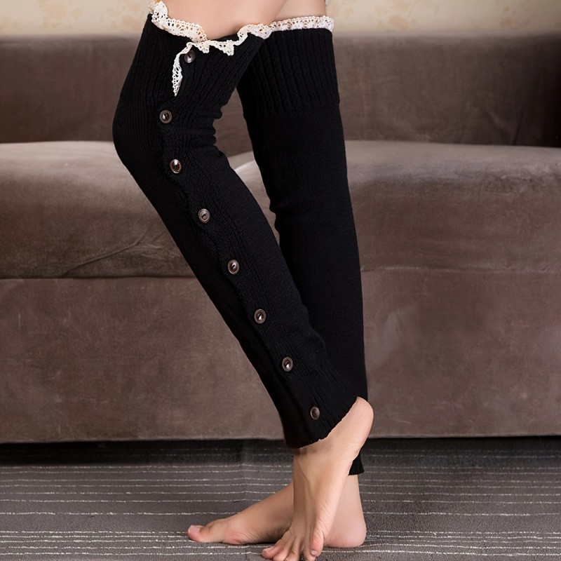 Cozy Lace Trim Knitted Leg Warmers - Soft, Stretchy, Over-The-Knee Socks for Women - All-Match Hosiery and Stockings with Button Decor for Cold Weather