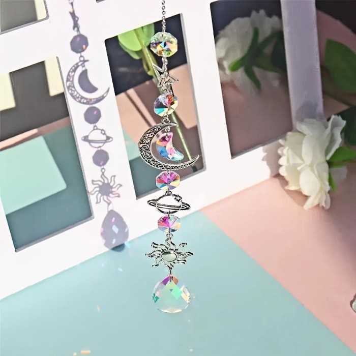 Moon & Sun Wind Chime with Precious Stone Prism Charm - Rainbow Dream Catcher for Home and Garden Decor, Wind Chime, Moon Sun Catcher, Precious Stone Prism, Rainbow, Garden Decoration