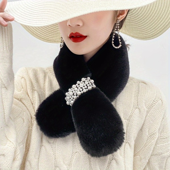 Elegant Faux Pearl Cross Plush Scarf - Warm, Windproof & Stylish Women's Neck Warmer for Winter