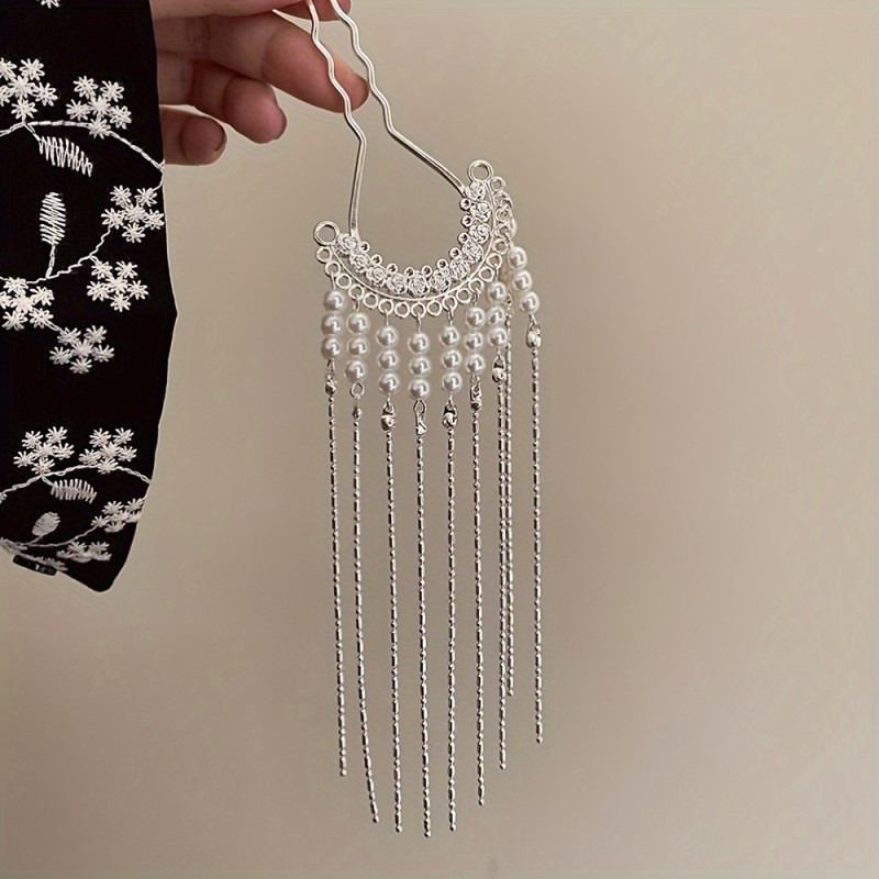 Elegant Pearl Tassel U-Shaped Hairpin - Vintage Chinese Style Hanfu Accessory for Women, Perfect for Weddings & Special Occasions
