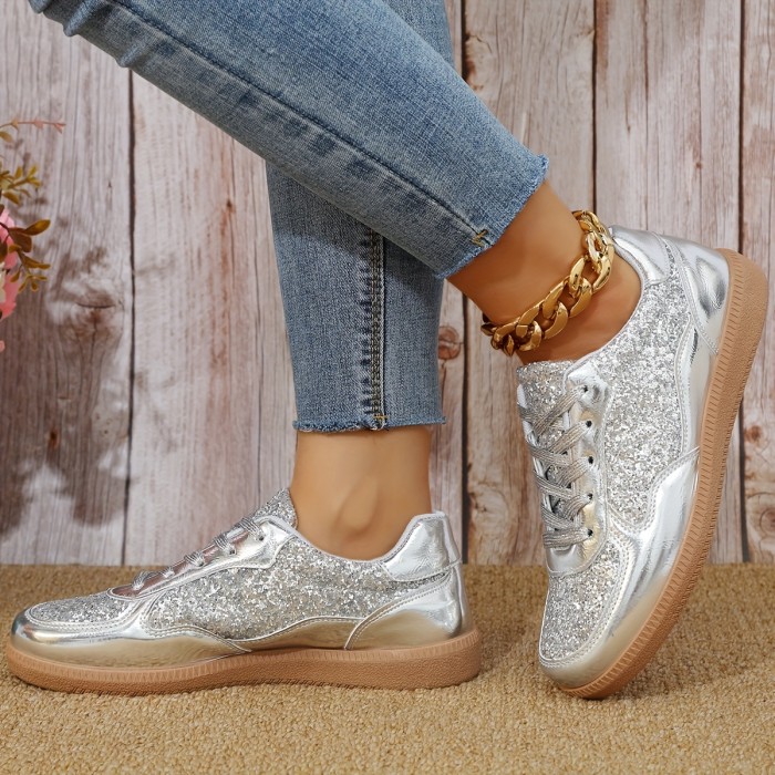 1 Pair Women'S Glitter Sneakers - All-Season Lace-Up Casual Shoes with Plain Toe, Low Top Design, Man-Made Upper & Faux Sole, Fabric Inner, Man-Made Insole - Fashionable 2024 Fall Footwear