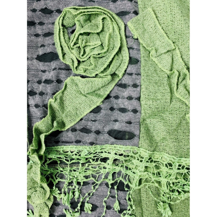 Handcrafted Knit and Cutwork Scarf with 3D Floral Embellishments and Lace Tassel Trim