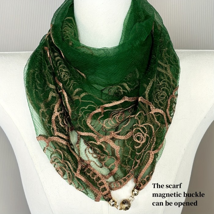 29.52in Tulle Elegant Vintage Square Scarf with Rose Pattern, Lightweight Luxurious Sheer Mesh, Magnetic Buckle Shawl for Women