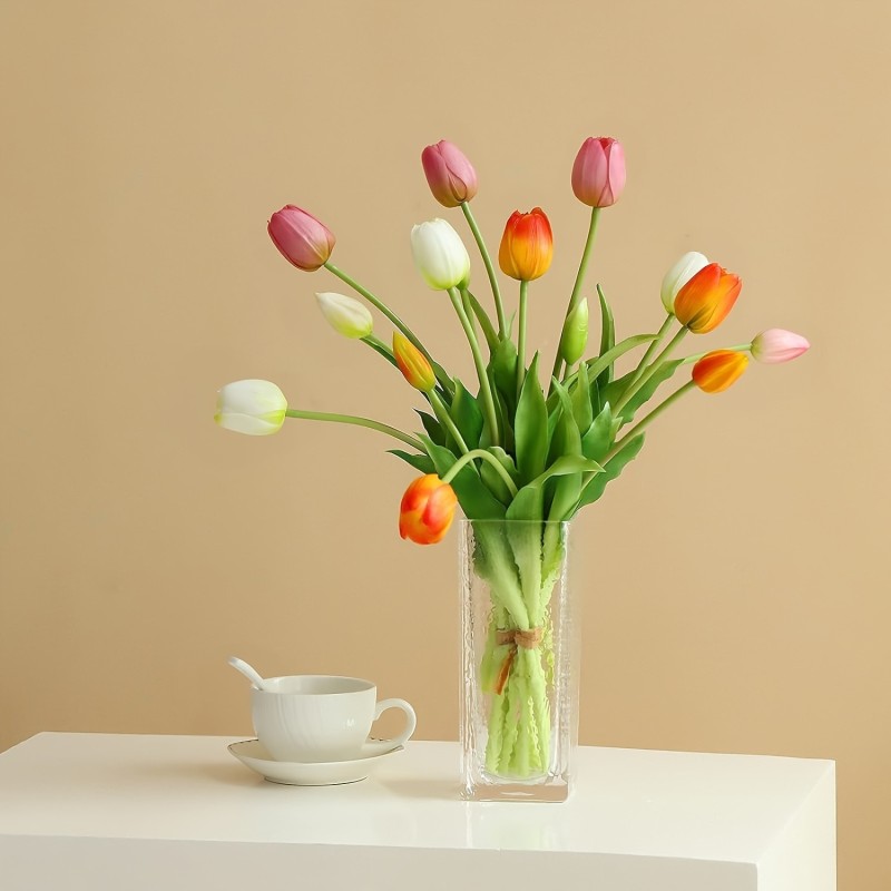 Artificial Tulip Bouquet, 5-Head Realistic PU Faux Flowers, Lifelike Plastic Tulips for Wedding, Engagement, Spring Decor, Mother's Day - Party & Home Decorative Fake Flower Bunch