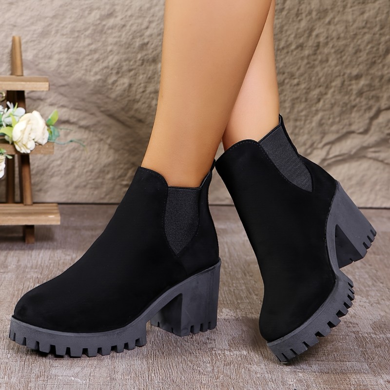 Women'S Fashion Chelsea Ankle Boots, Solid Color Slip-On Block Heel Booties, High Heel, Plain Toe, Fabric Upper, Lining & Insole, PU Sole, with Waterproof Platform, for All-Season, European Special, Taizhou Production Area