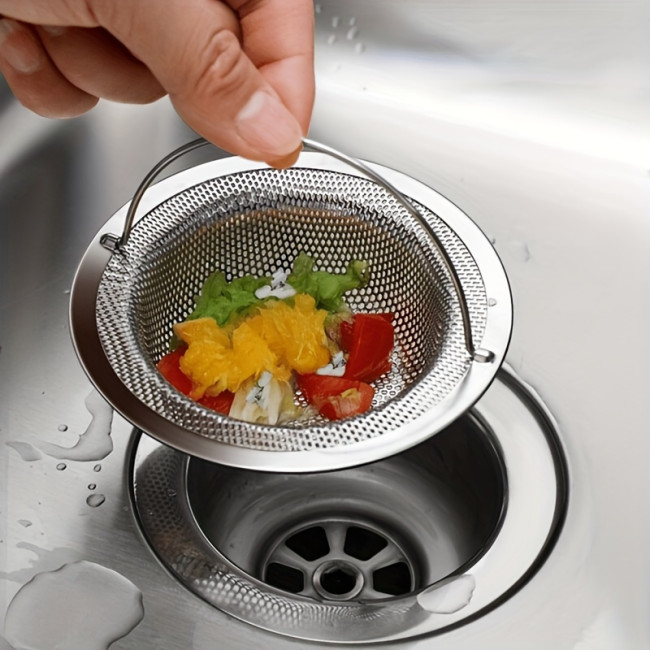 Stainless Steel Sink Strainer with Handle - 1pc Metal Bathtub Hair Trap Plug, Shower Drain Filter, Kitchen Sink Basket for Dishwashing and Washing