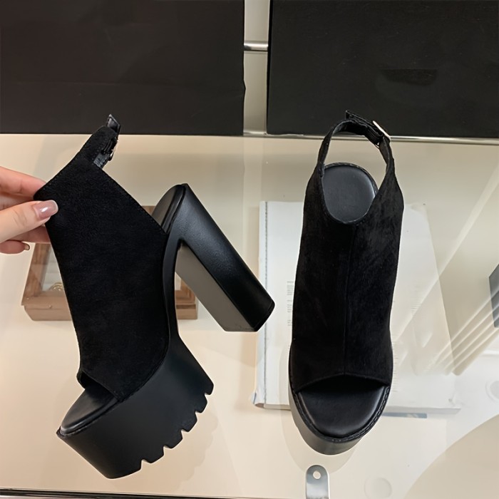 Chic Plus Size Women's Platform Sandals - Open Toe, Ankle Strap with Chunky Heel, Velvet Upper & Faux Cover Lining