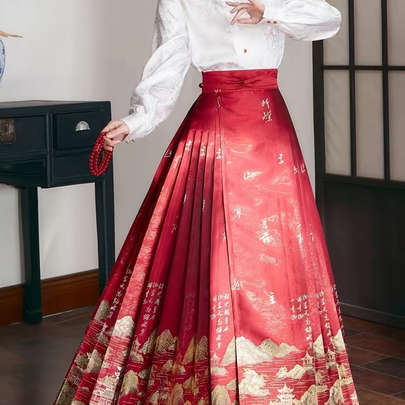 Red Landscape with Golden Printing, 5-fold Printed Horse Face Skirt, Ming Dynasty Hanfu, National Style, One-piece Pleated Long Skirt, Vintage Half Skirt, Ethnic Style Stage Costume