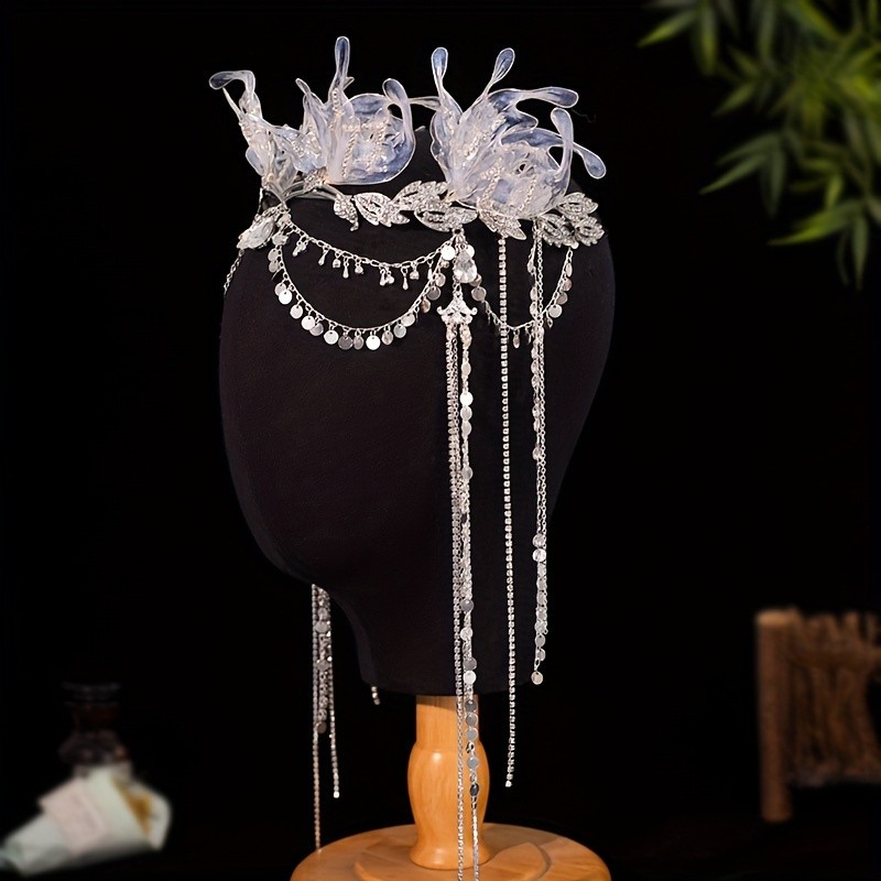 Boho Fairytale Crystal Mermaid Tiara with Draping Chains - Handcrafted Fantasy Headpiece for Bridal, Cosplay, Hanfu Accessory Without Feathers